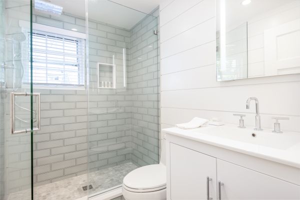 A modern bathroom features a glass-enclosed shower with subway tiles, a toilet, a vanity with a sink, and a large mirror above it.