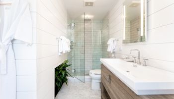 A modern bathroom with a glass shower, double vanity, and a wall-mounted robe; white tiles and a touch of greenery complete the look.