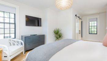 A modern bedroom with a white bed, gray blanket, TV, side chair, dresser, plant, and windows with natural light, showcasing a bright, airy space.