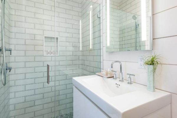 A modern bathroom with a glass shower enclosure, white subway tile, a vanity sink with a mirror, and a small plant on the counter.