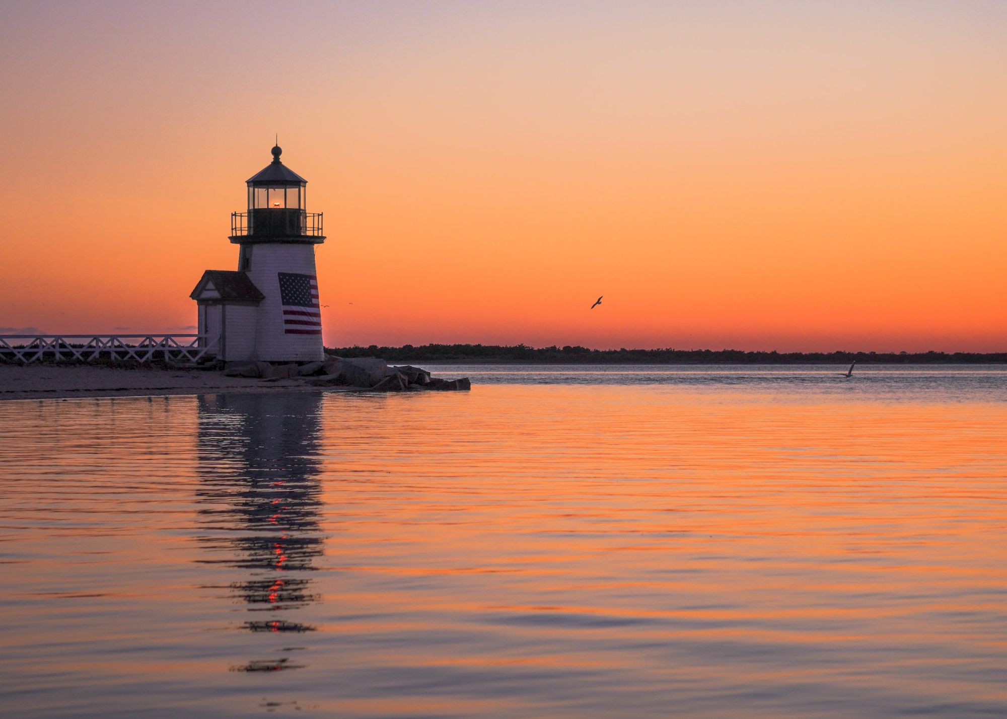 This image shows a lighthouse at sunset, with an orange and purple sky reflecting on calm water. A bird is flying in the distance.