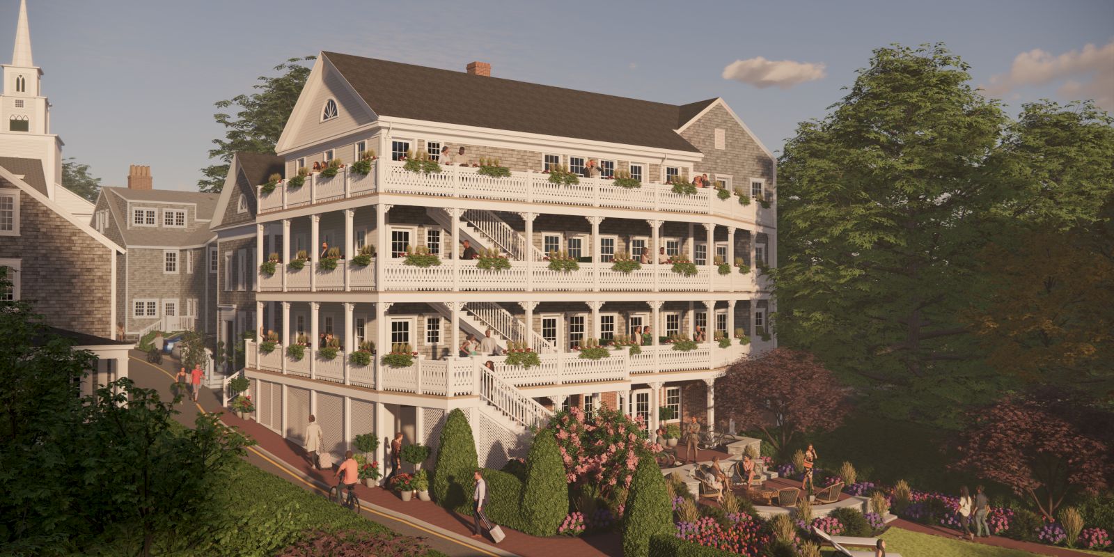 The image depicts a multi-story Victorian house with wraparound balconies, decorative plants, and a garden area in front. People walk along a path nearby.