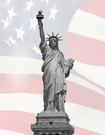 The image shows the Statue of Liberty with the American flag in the background, symbolizing freedom and national pride.