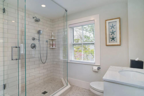 This image features a modern bathroom with a glass-enclosed shower, a toilet, a sink with a marble countertop, and a starfish decor on the wall.