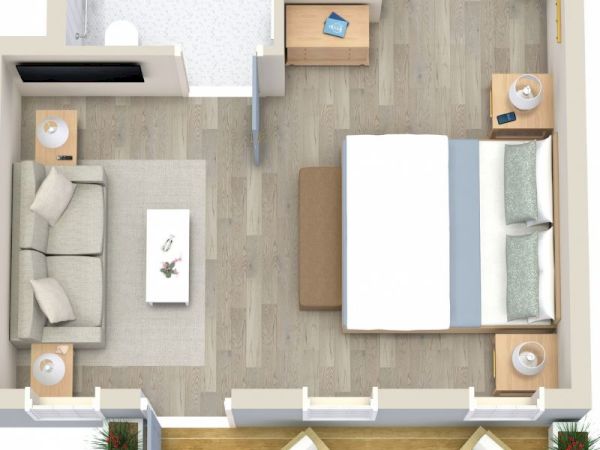 A top-down floor plan of a home: living/dining area, bedroom, kitchen, and bathroom with fixtures and furniture.