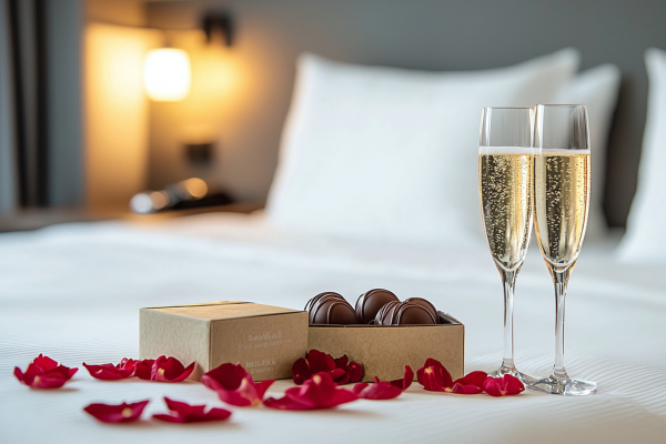 A cozy setting with two glasses of champagne, a box of chocolates, and rose petals on a bed, creating a romantic ambiance.