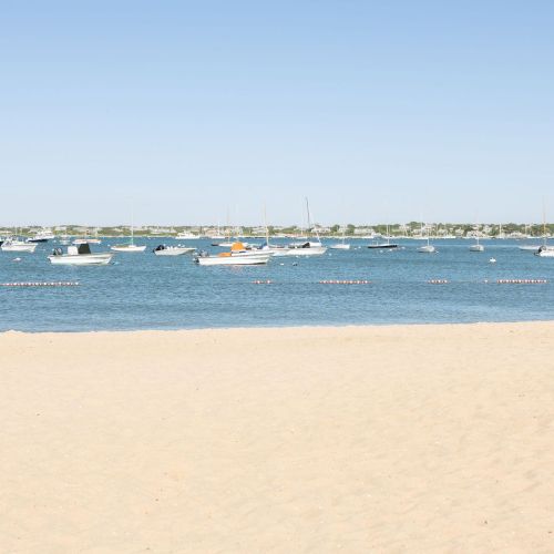 Sunny beach with calm blue harbor water, dotted with sailboats and small yachts moored offshore.