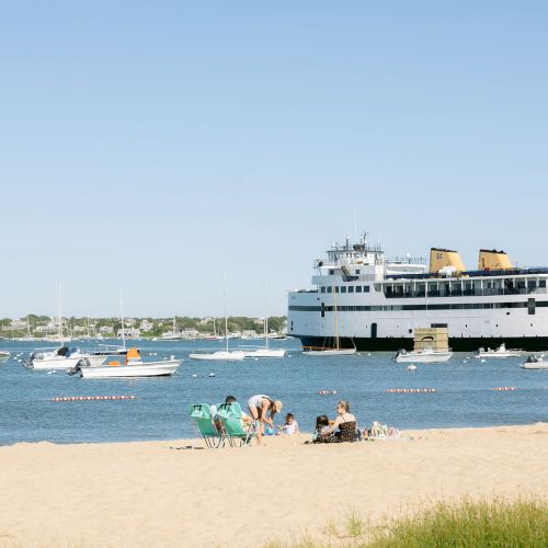 A sunny beach with people relaxing as a large white ship and many sailboats sit in the harbor.