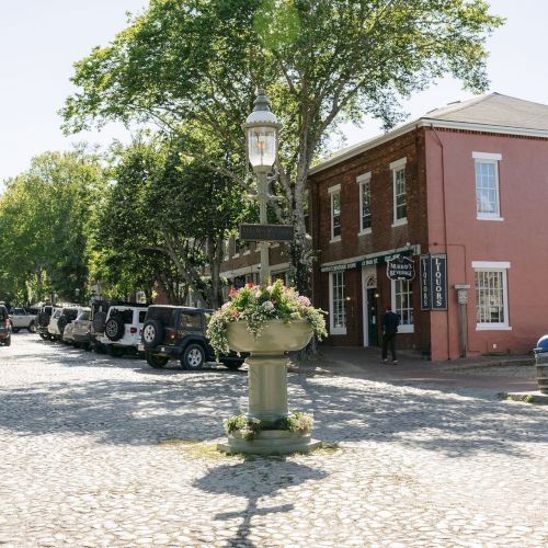 A sunny downtown street with parked cars, brick shops, and a flower-filled planter in front of Murray&rsquo;s liquor store.