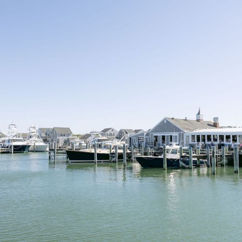 A sunny marina with docks, sailboats, and waterfront buildings under a clear blue sky.