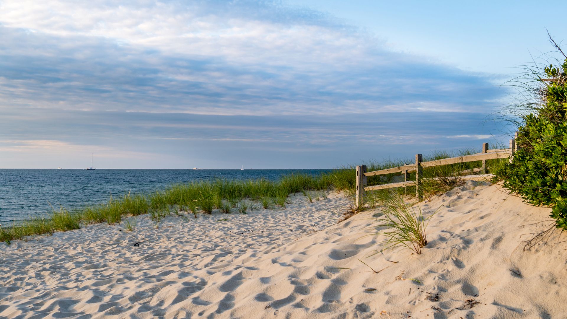 A sandy beach with light dunes, a wooden fence, sparse grasses, calm sea, and a blue sky with gentle clouds, peaceful coastal scene.