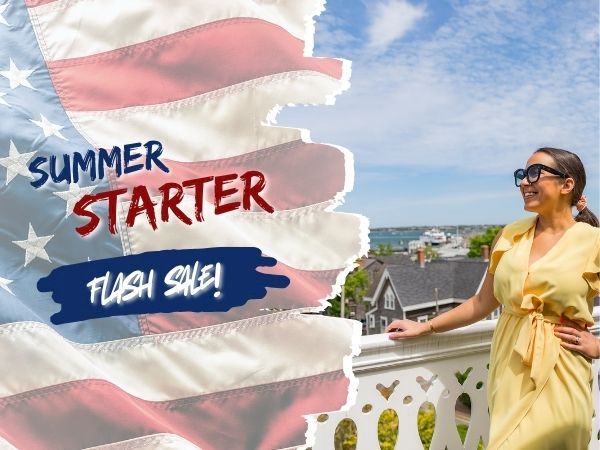 Summer vibes in the sun: a stylish woman in a yellow dress on a sunny balcony, with torn American flag graphics and bold &ldquo;Summer Starter&rdquo; text.