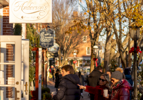 A busy small-town street with shops and holiday signs, people in winter coats walking under bare trees.